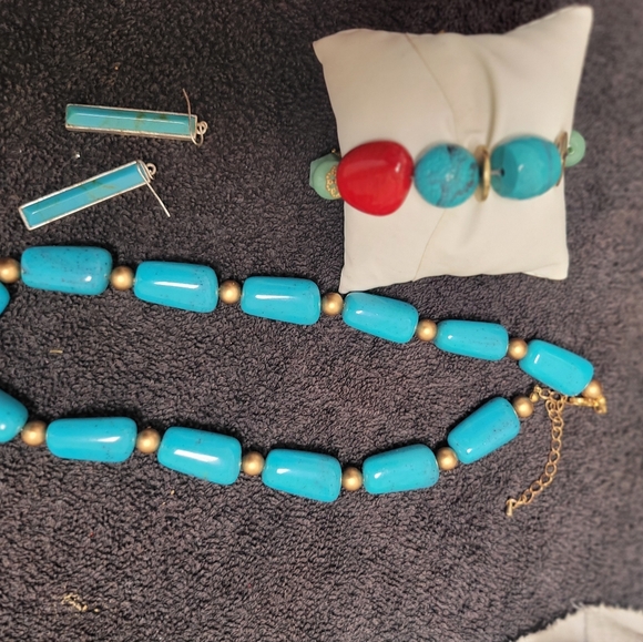 Jewelry - Blue and Gold Beaded necklace, Bracelet  with Rustic Charm matched with earrings